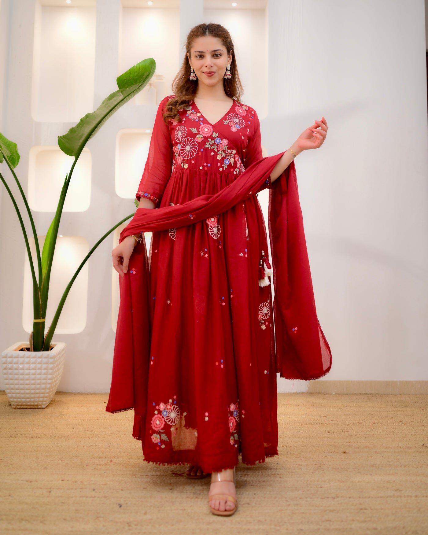 Women's Red Floral Embroidered Anarkali Kurta Set with Pant & Dupatta