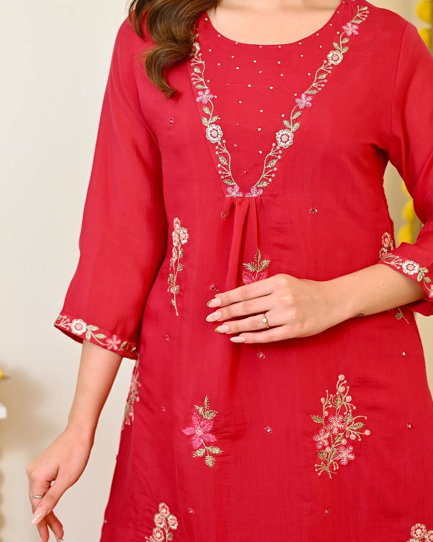 Women's Red Floral Embroidered Straight Kurta Pant Set with Dupatta