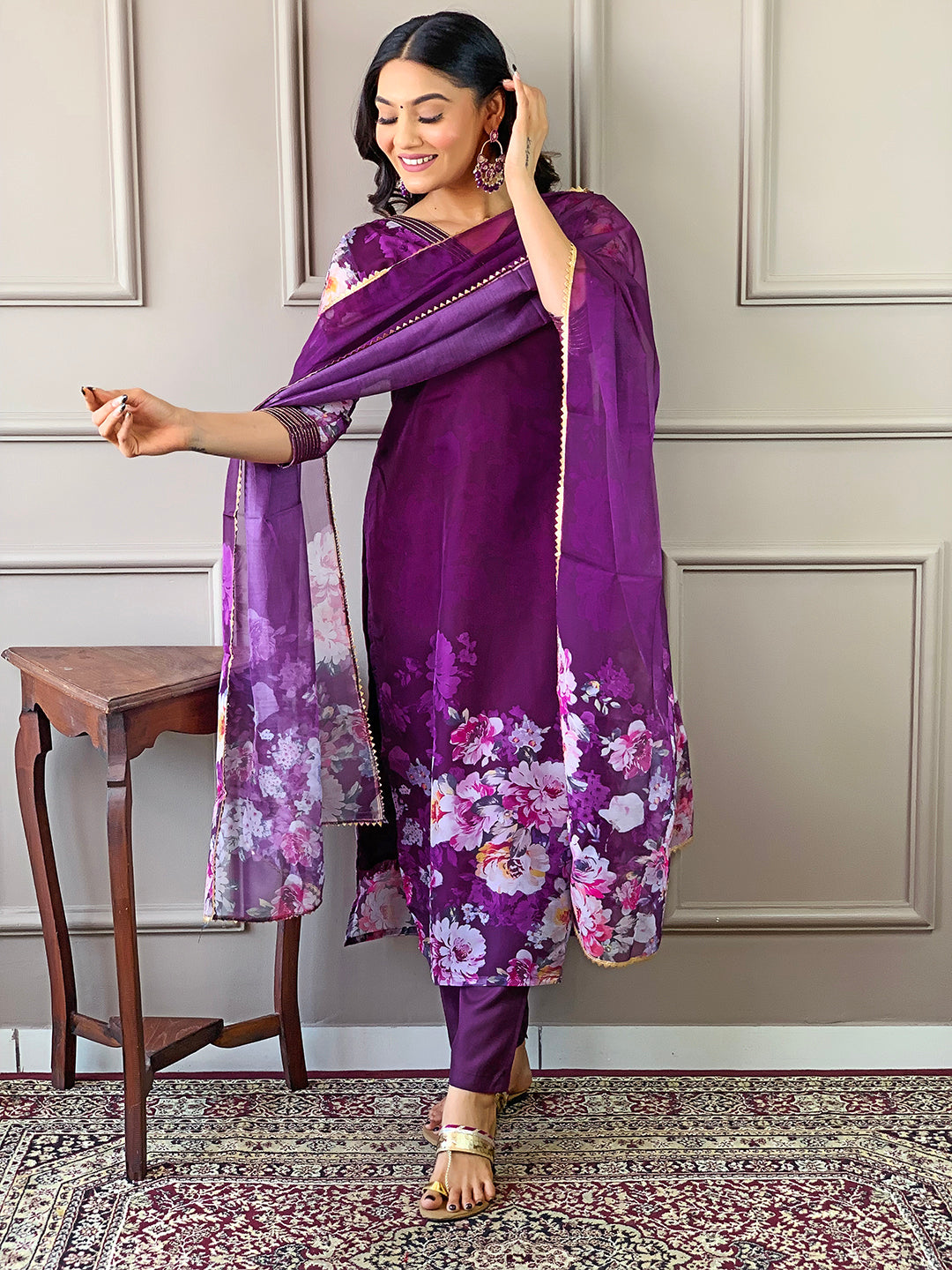 GoSriKi Women's Cotton Blend Printed Kurta Set with Dupatta