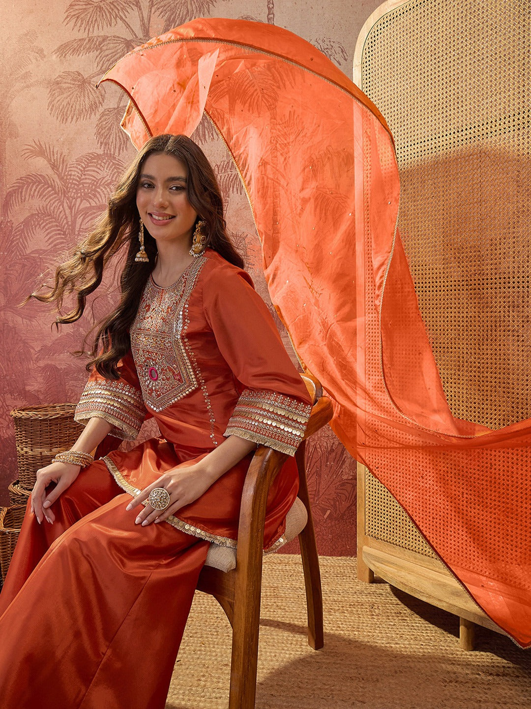 Women's Rust Embroidered Kurta Palazzo Set with Dupatta