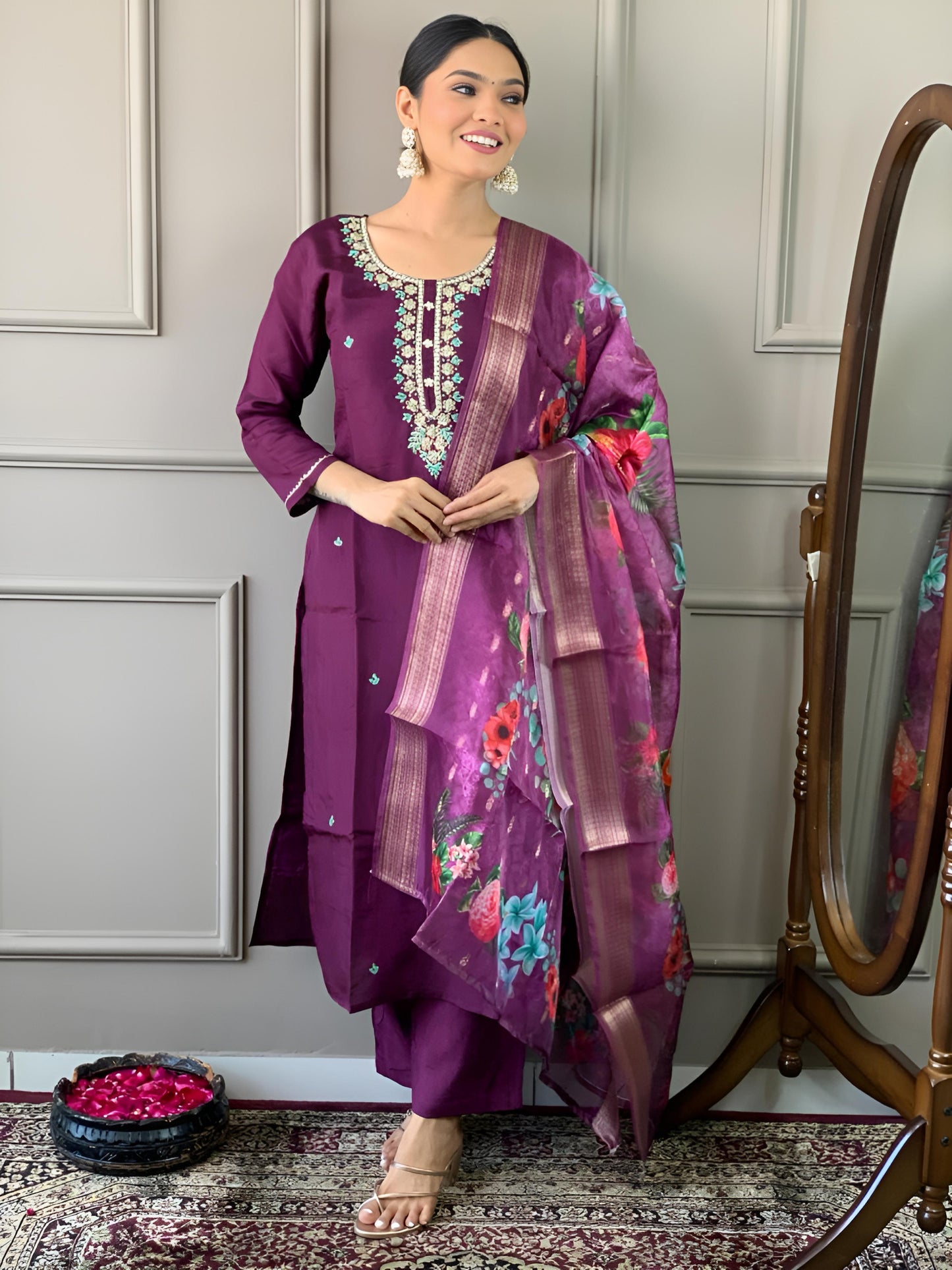 Wine Embroidered Straight Kurta Set with Dupatta