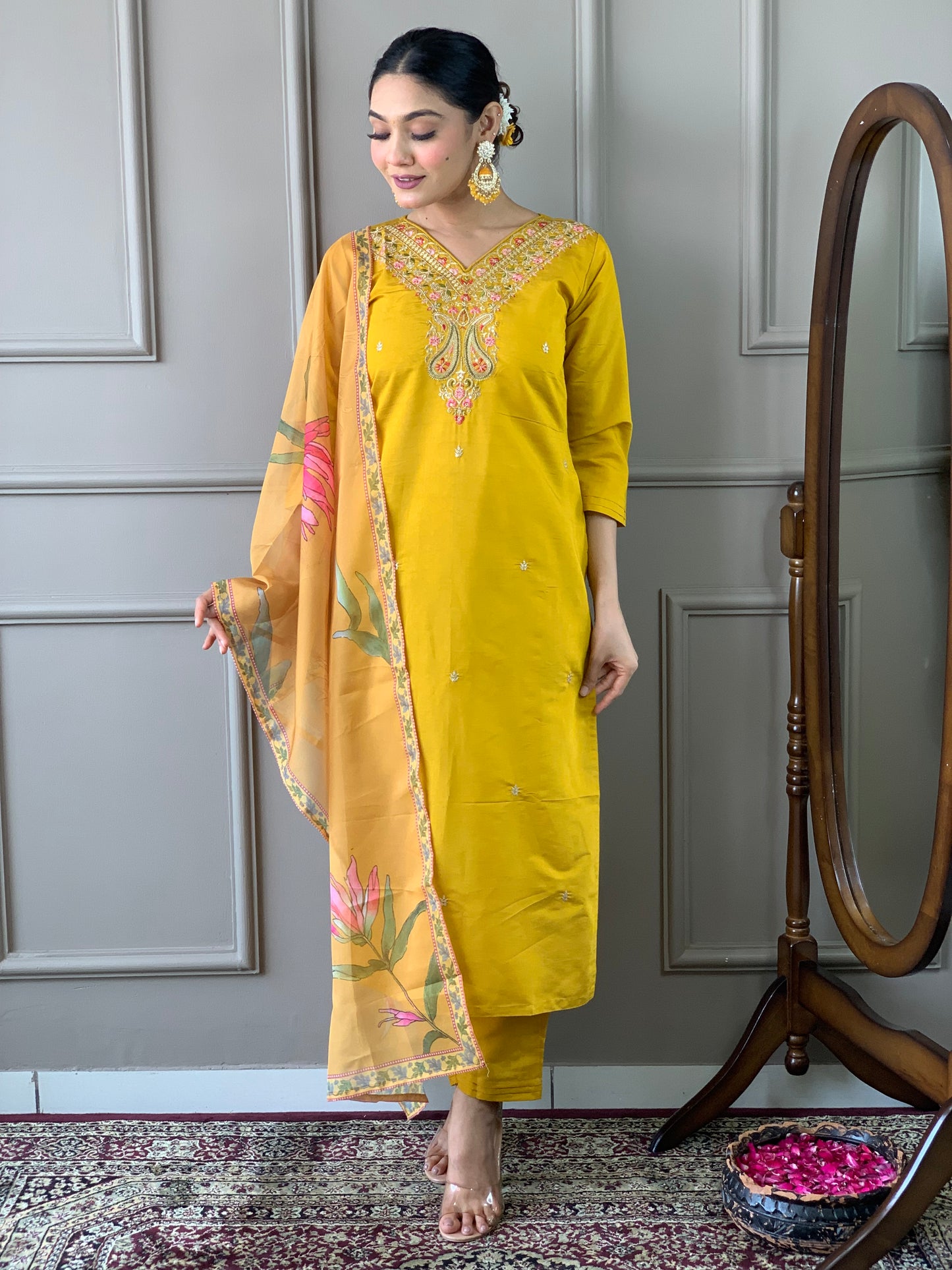 Women's Mustard Embroidered Viscose Kurta Set with Printed Dupatta