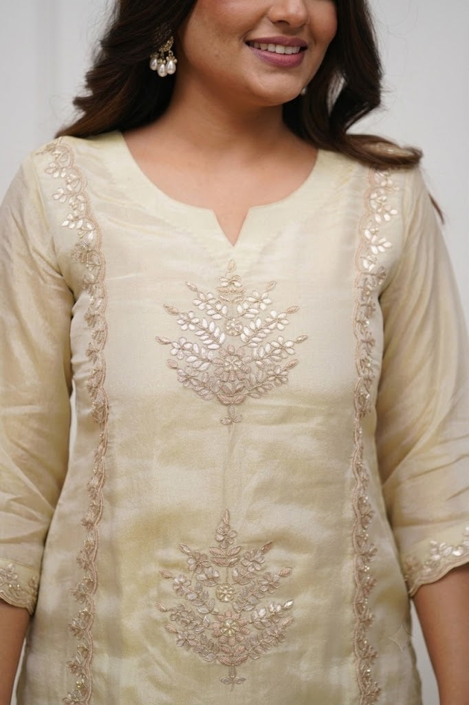 Women's Cream Embroidered Kurta Palazzo with Dupatta Set | Premium Ethnic Suit | Festive & Party Wear