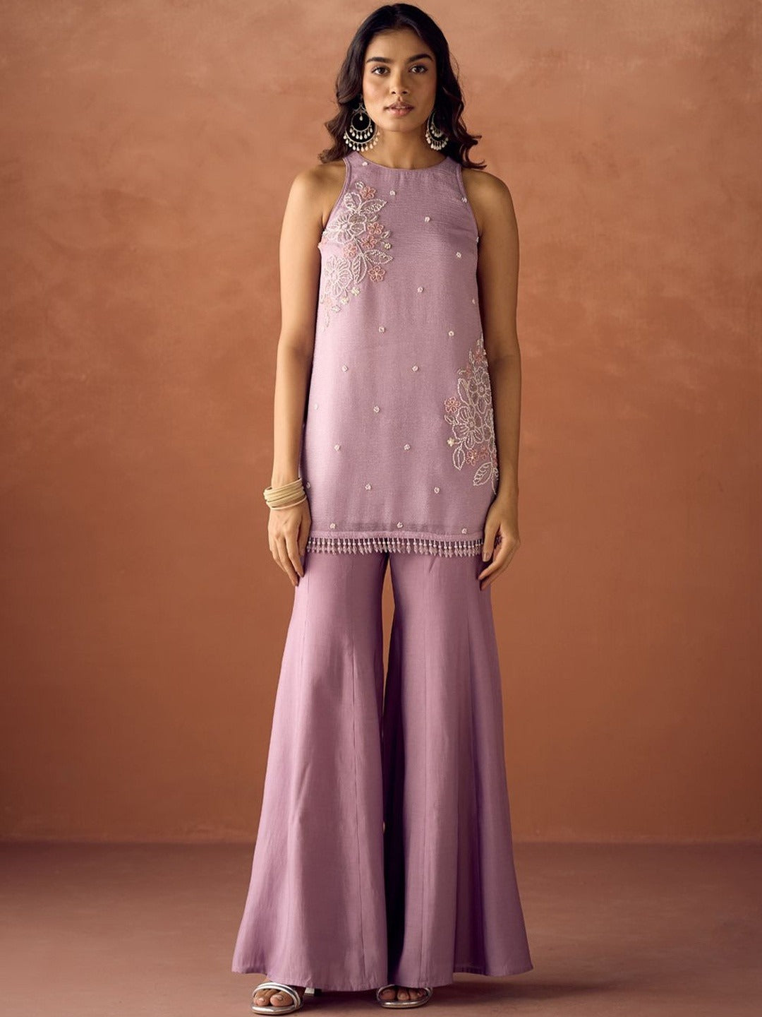 Women's Lavender Embroidered Kurta Palazzo & Dupatta Set