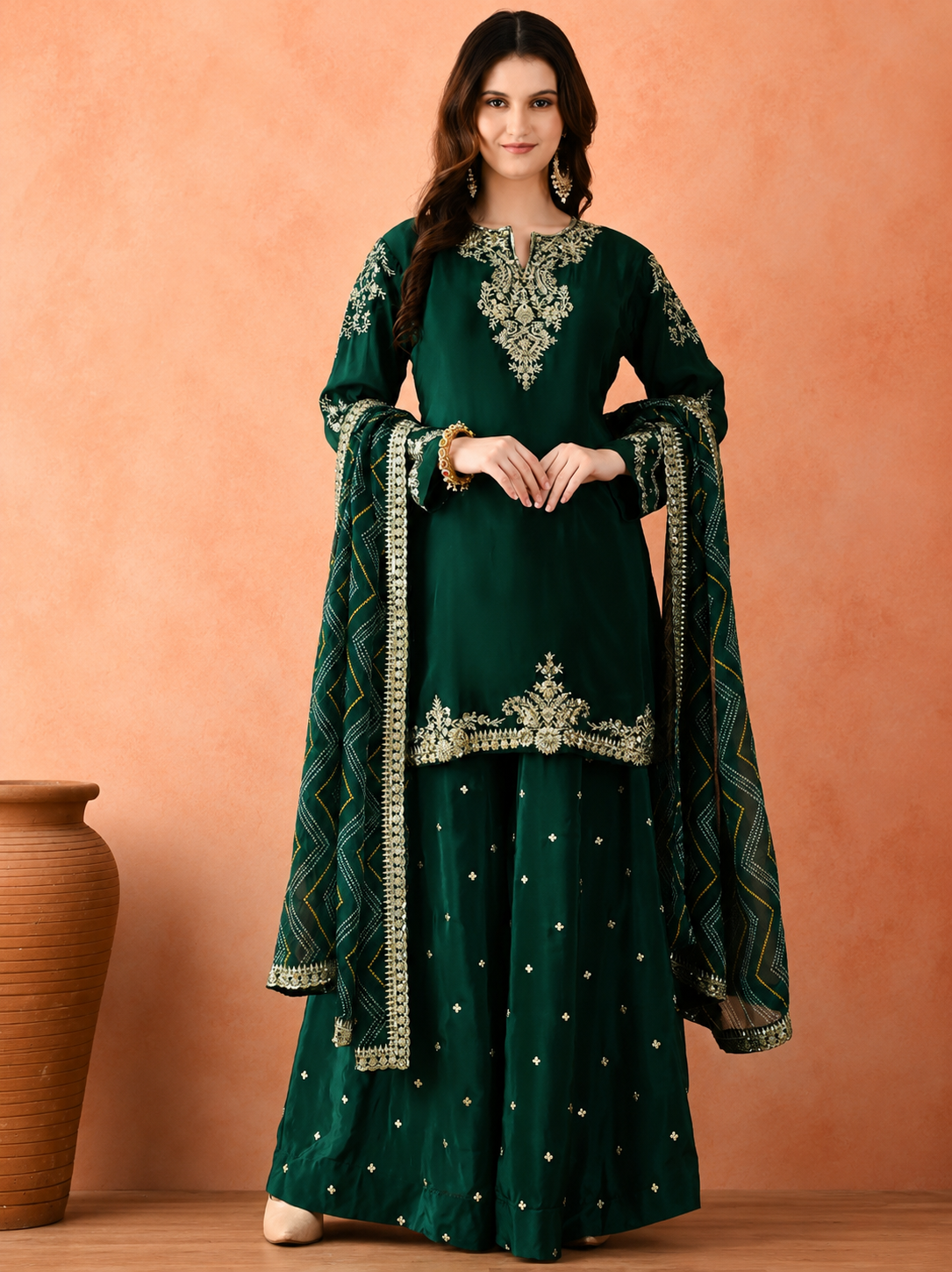 Women's Dark Green Embroidered Kurta Sharara with Dupatta Set