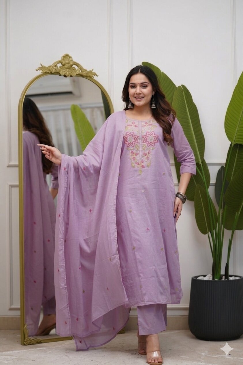 Women's Lavender Embroidered Kurta Pant Set with Dupatta