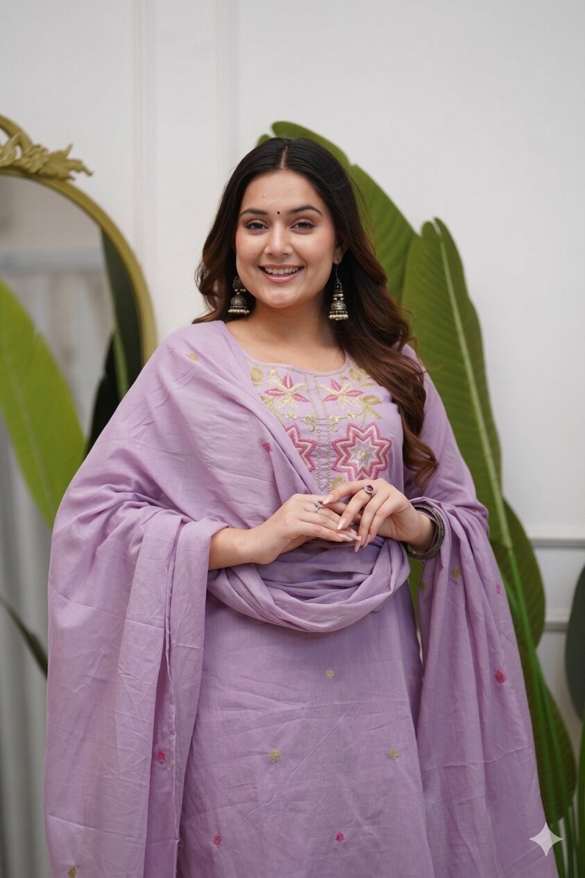 Women's Lavender Embroidered Kurta Pant Set with Dupatta