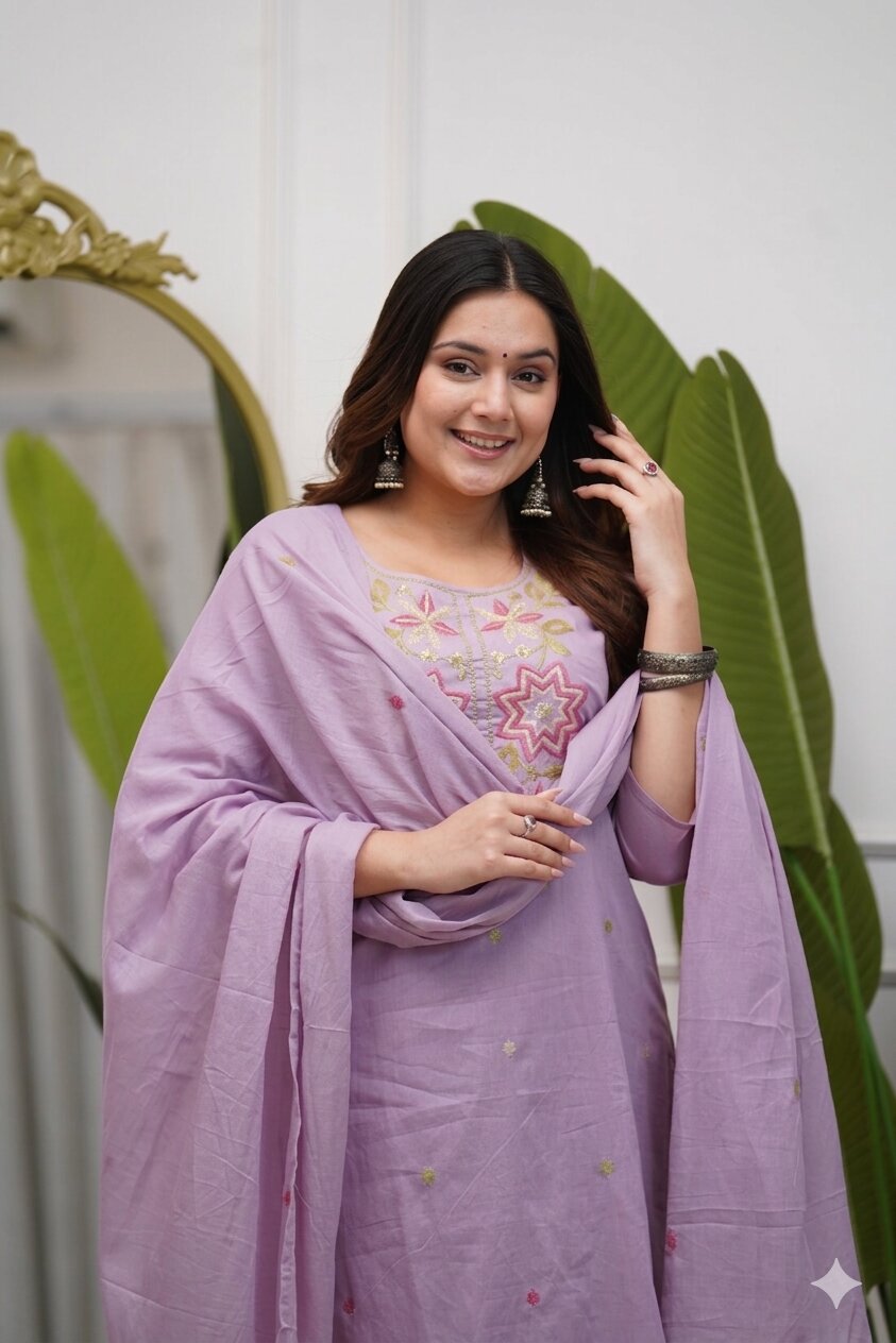 Women's Lavender Embroidered Kurta Pant Set with Dupatta
