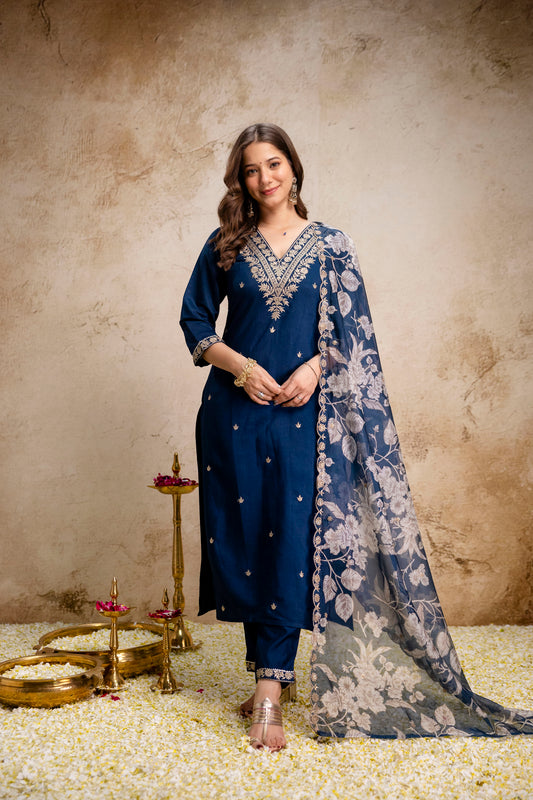 Women Navy Blue Floral Embroidered Straight Kurta Pant & Dupatta Set