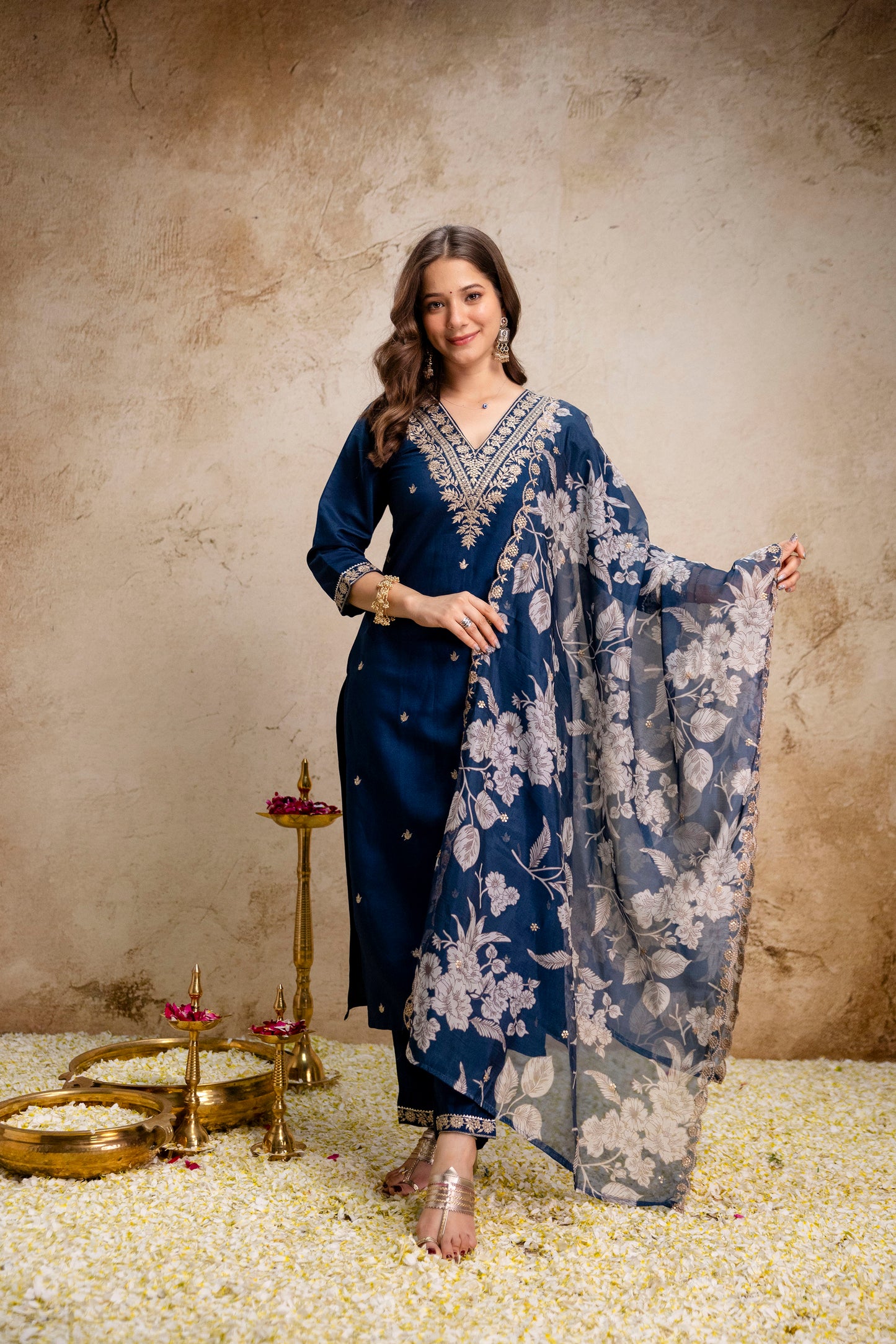 Women Navy Blue Floral Embroidered Straight Kurta Pant & Dupatta Set