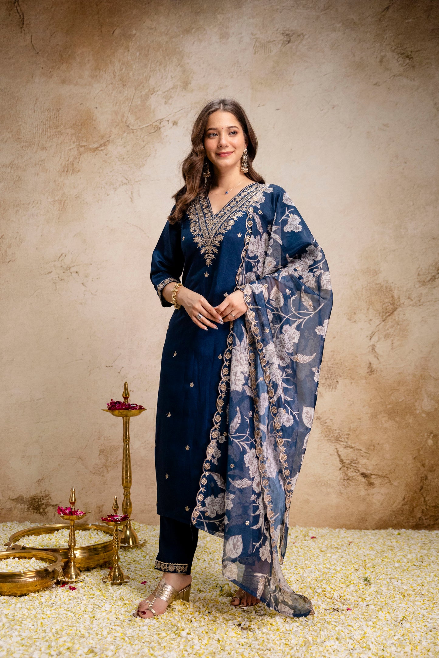 Women Navy Blue Floral Embroidered Straight Kurta Pant & Dupatta Set
