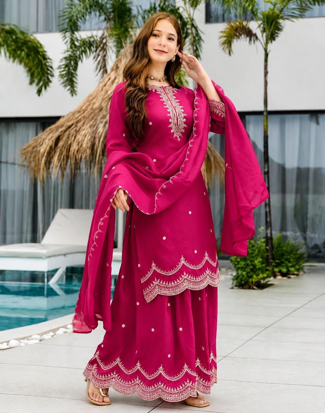 Women's Rani Pink Embroidered Kurta Sharara with Dupatta Set.