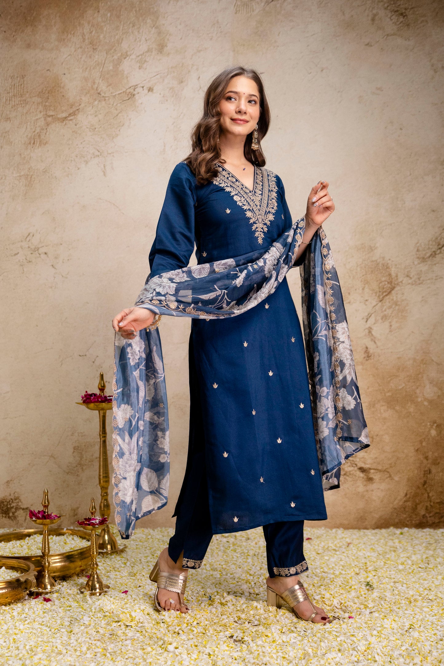 Women Navy Blue Floral Embroidered Straight Kurta Pant & Dupatta Set