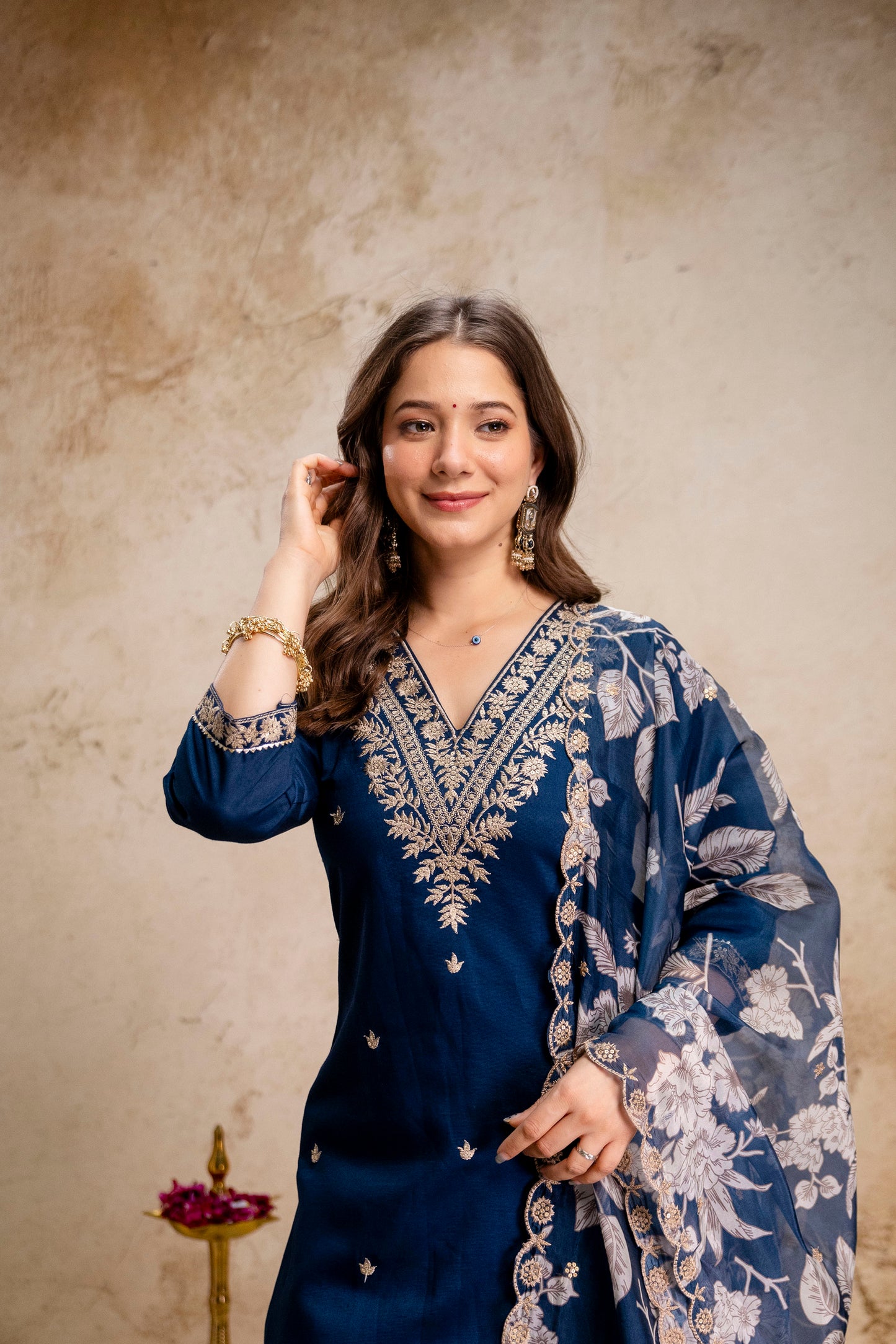 Women Navy Blue Floral Embroidered Straight Kurta Pant & Dupatta Set