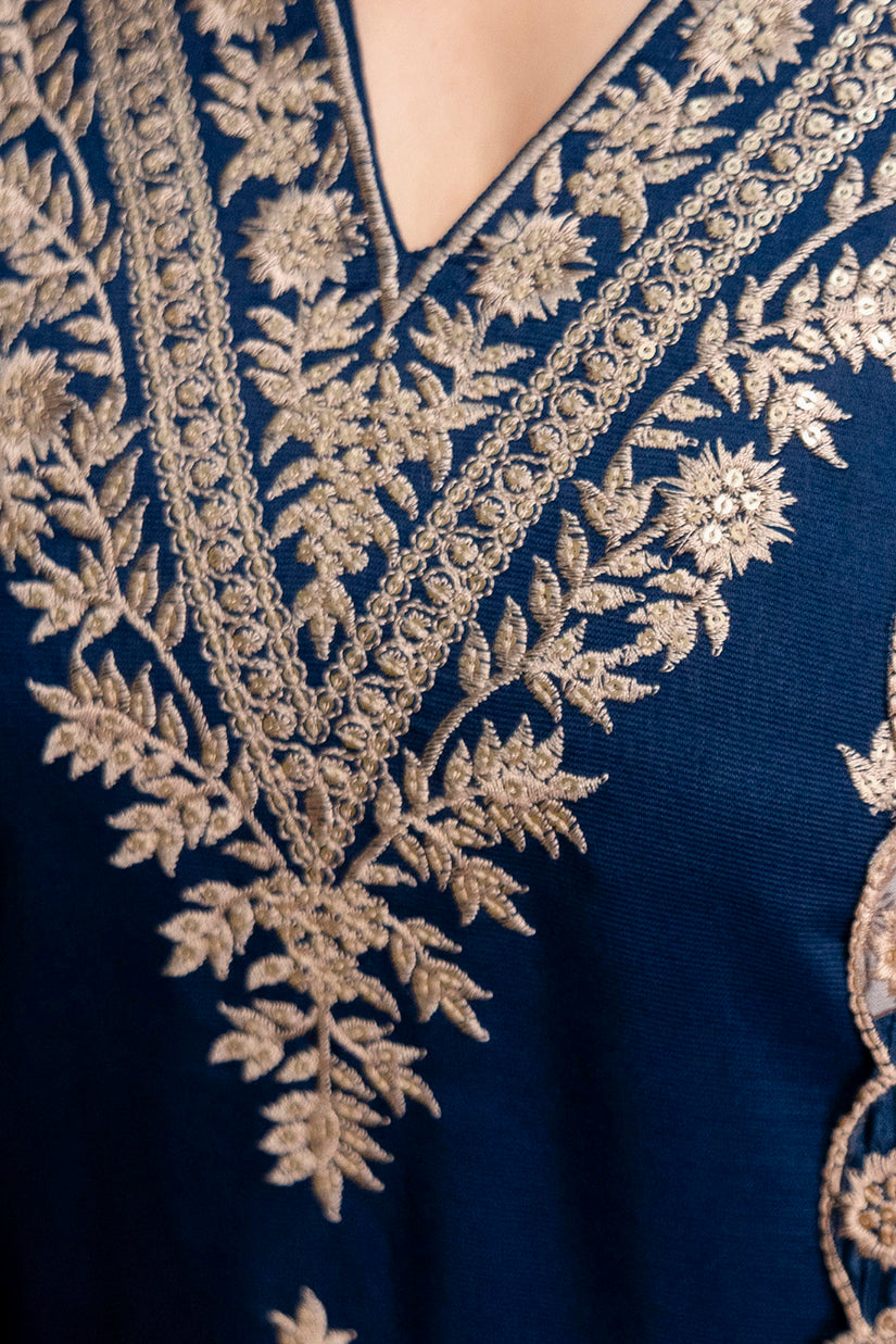 Women Navy Blue Floral Embroidered Straight Kurta Pant & Dupatta Set
