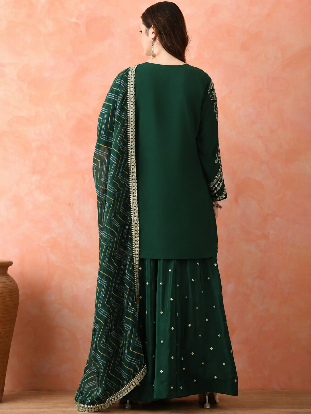 Women's Dark Green Embroidered Kurta Sharara with Dupatta Set