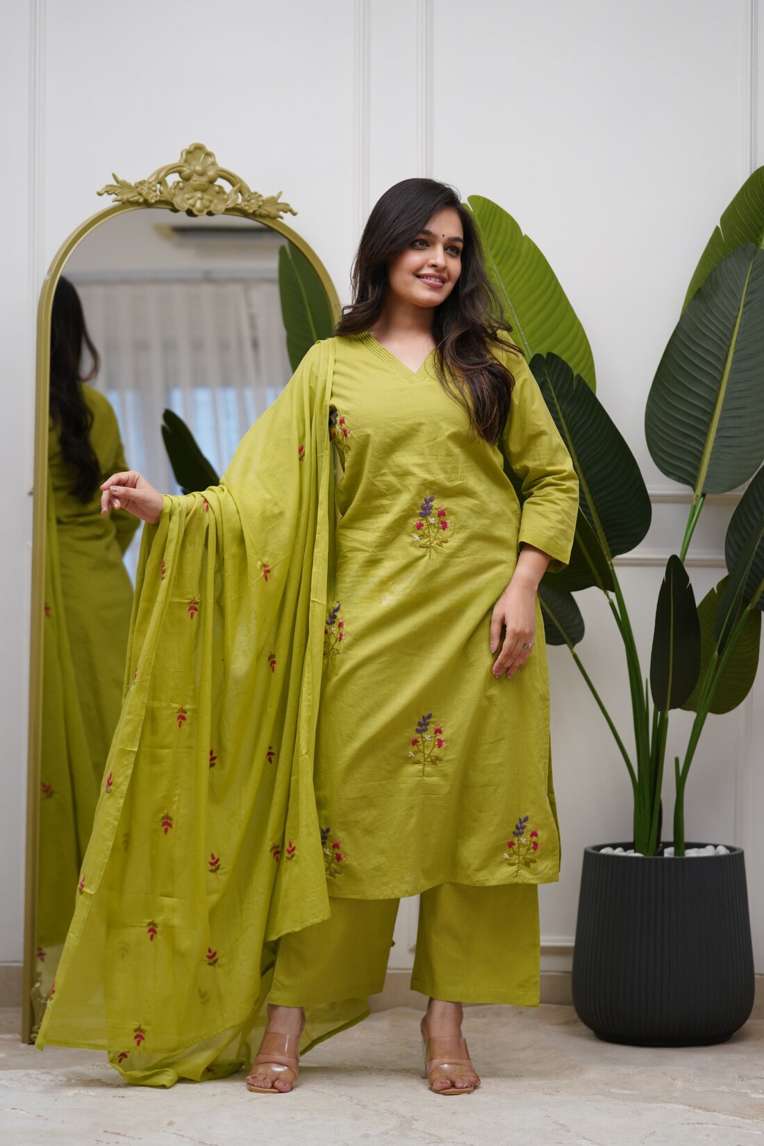 Women's Designer Floral Embroidered Kurta Palazzo Set with Dupatta