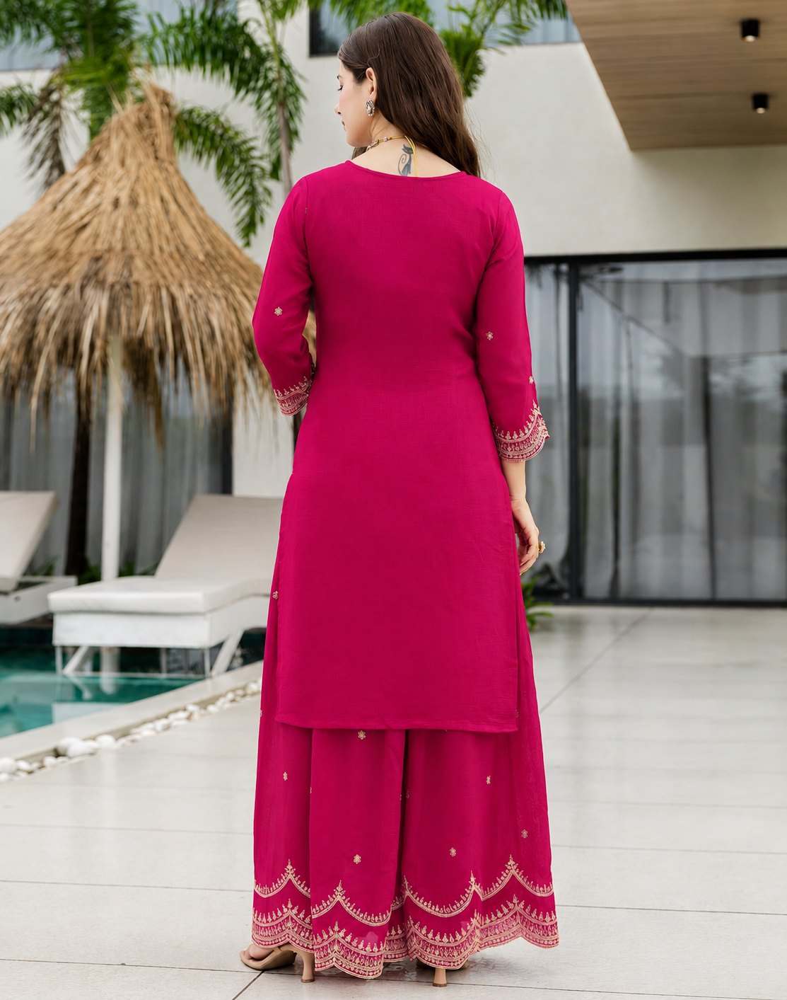 Women's Rani Pink Embroidered Kurta Sharara with Dupatta Set.