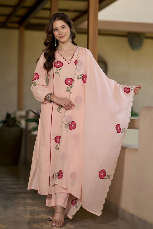 Women's Peach Floral Embroidered Kurta Pant with Dupatta Set