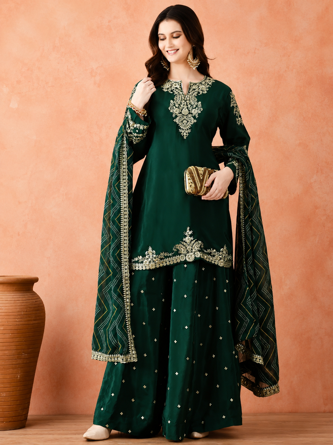 Women's Dark Green Embroidered Kurta Sharara with Dupatta Set