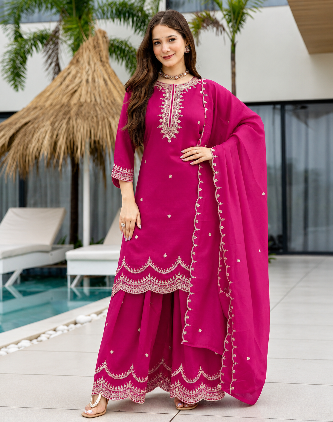 Women's Rani Pink Embroidered Kurta Sharara with Dupatta Set.