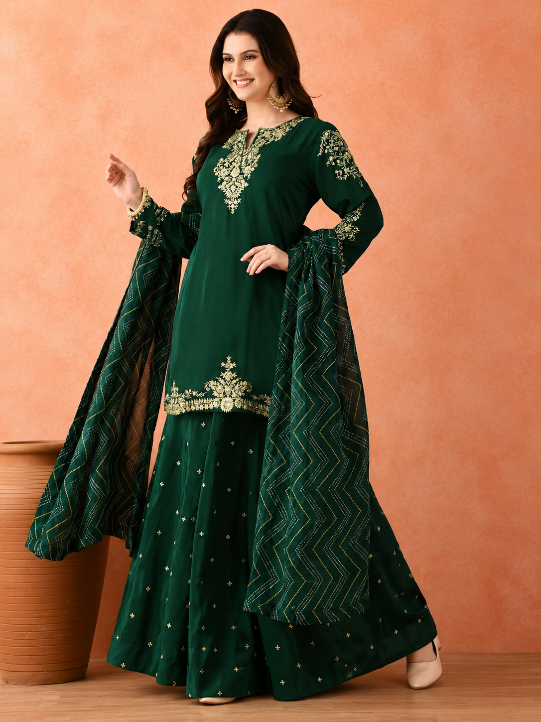 Women's Dark Green Embroidered Kurta Sharara with Dupatta Set