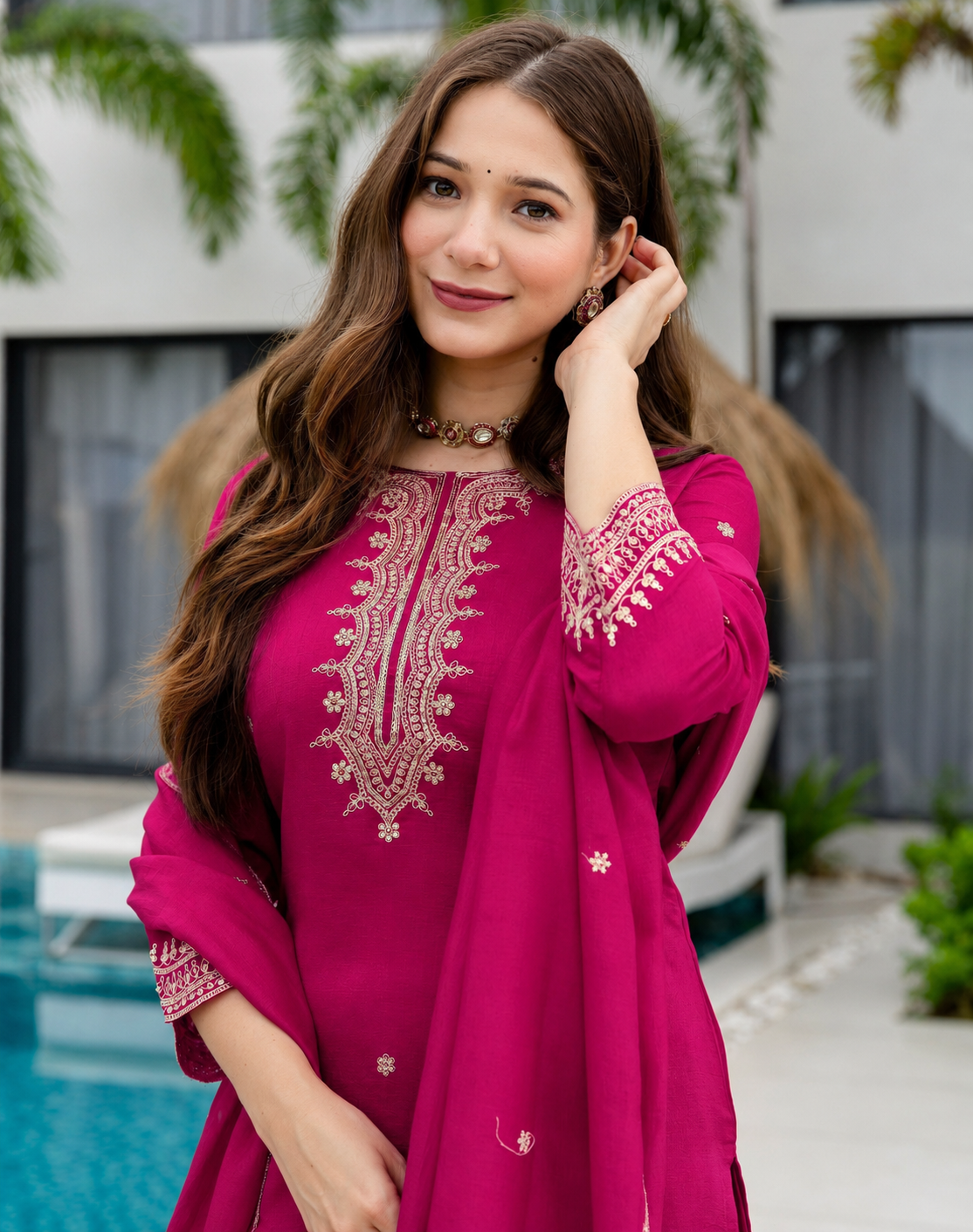 Women's Rani Pink Embroidered Kurta Sharara with Dupatta Set.