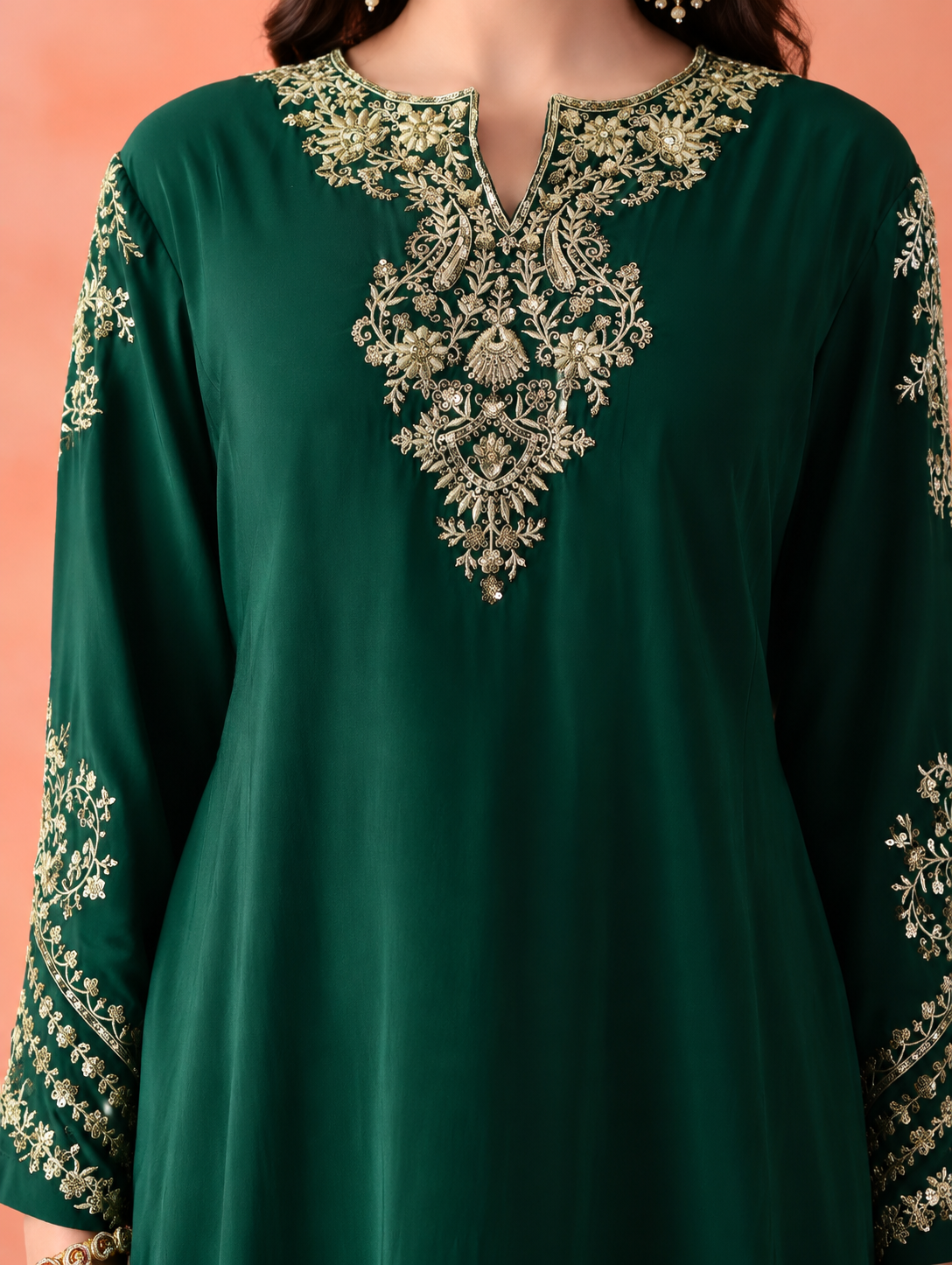 Women's Dark Green Embroidered Kurta Sharara with Dupatta Set
