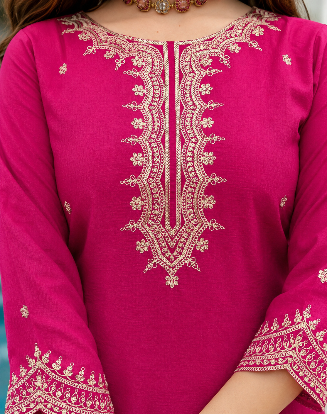 Women's Rani Pink Embroidered Kurta Sharara with Dupatta Set.