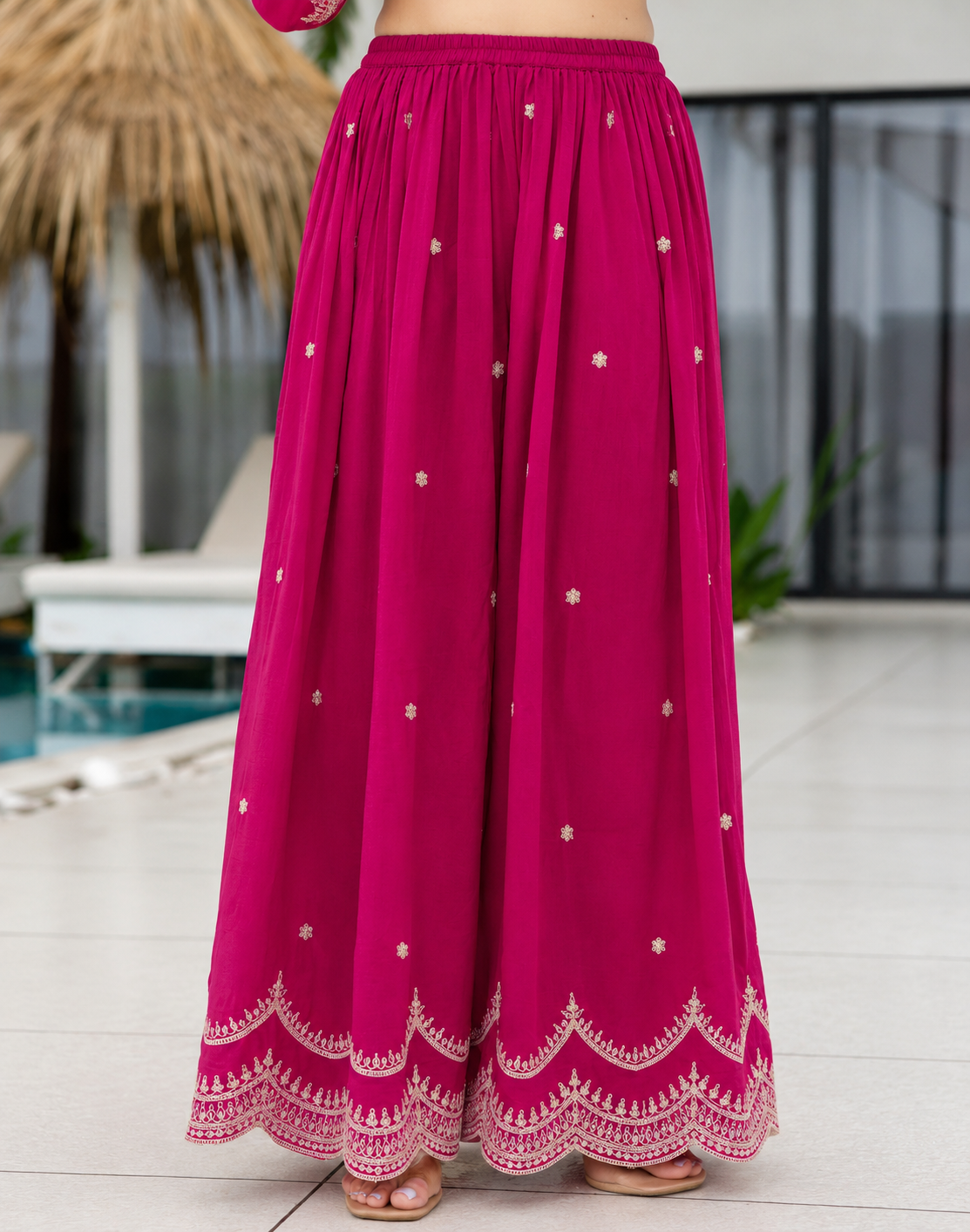 Women's Rani Pink Embroidered Kurta Sharara with Dupatta Set.