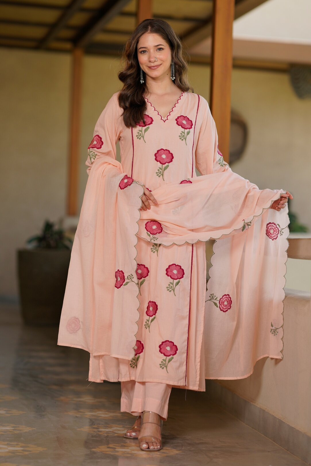 Women's Peach Floral Embroidered Kurta Pant with Dupatta Set