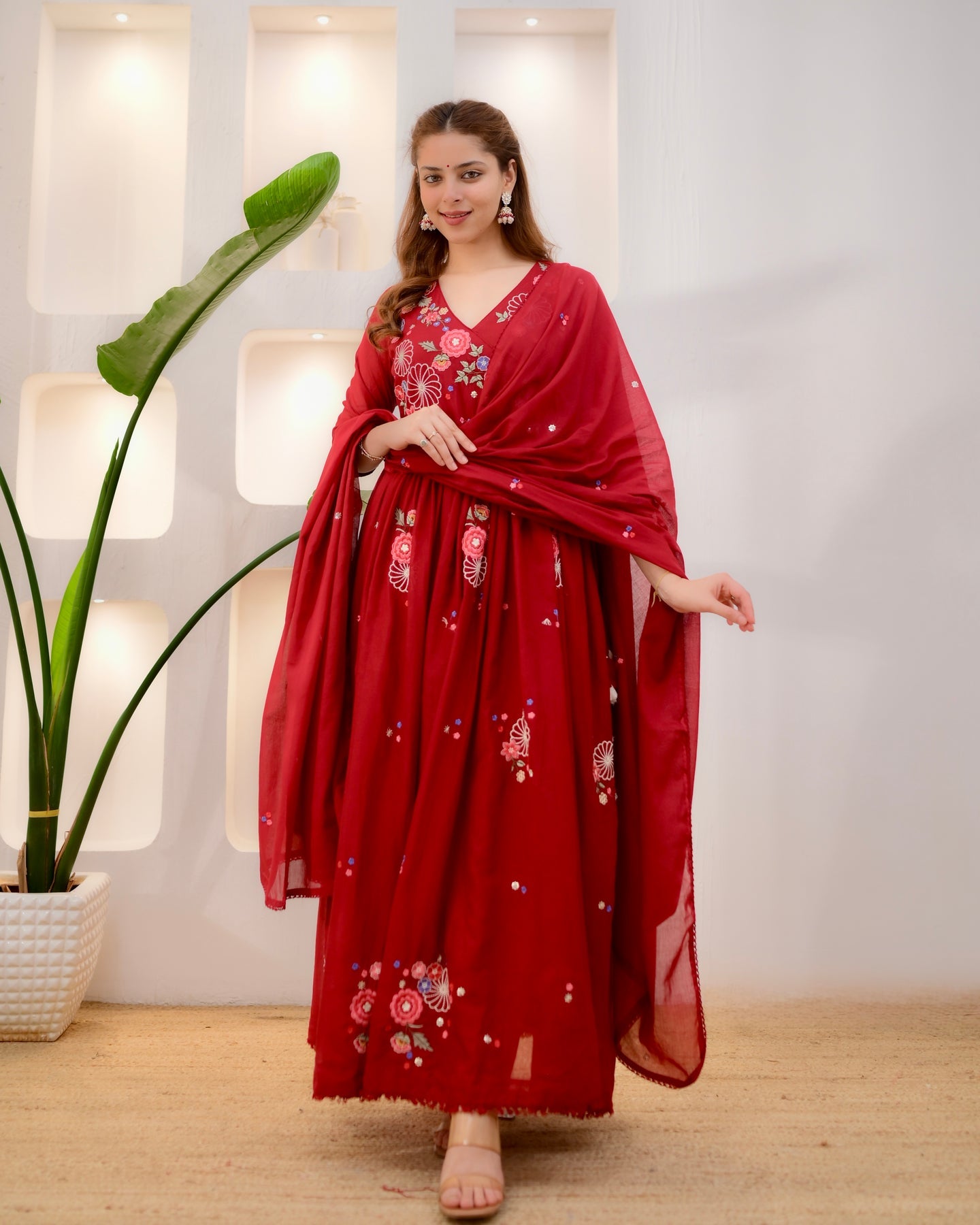 Women's Red Floral Embroidered Anarkali Kurta Set with Pant & Dupatta