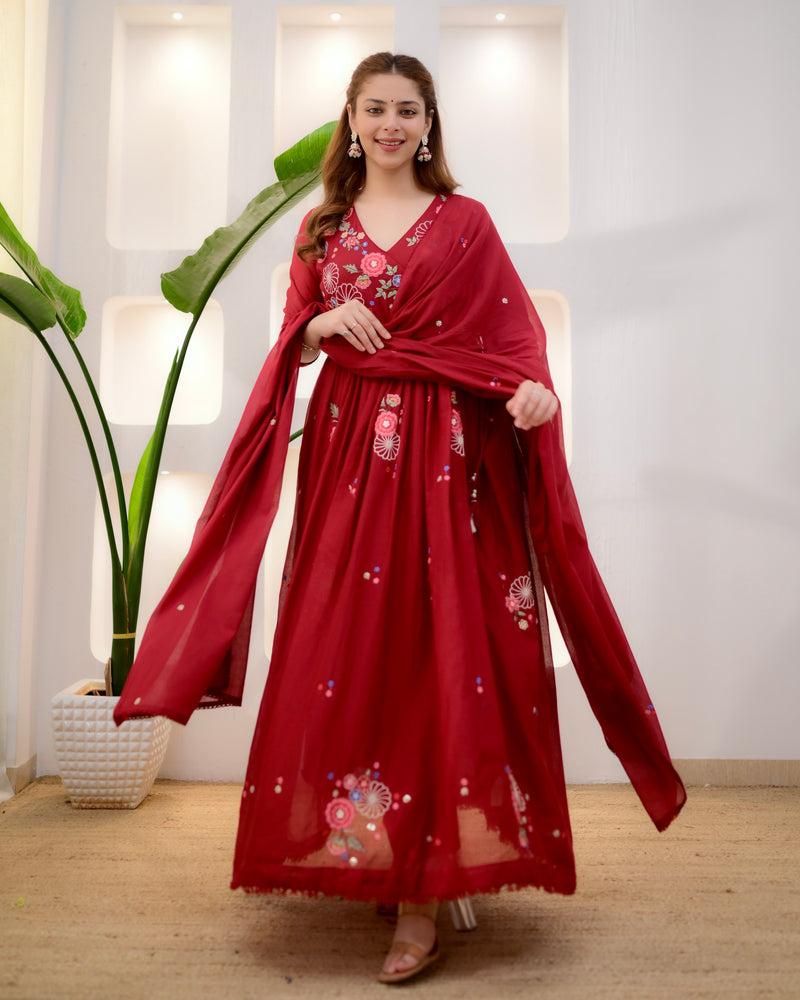Women's Red Floral Embroidered Anarkali Kurta Set with Pant & Dupatta