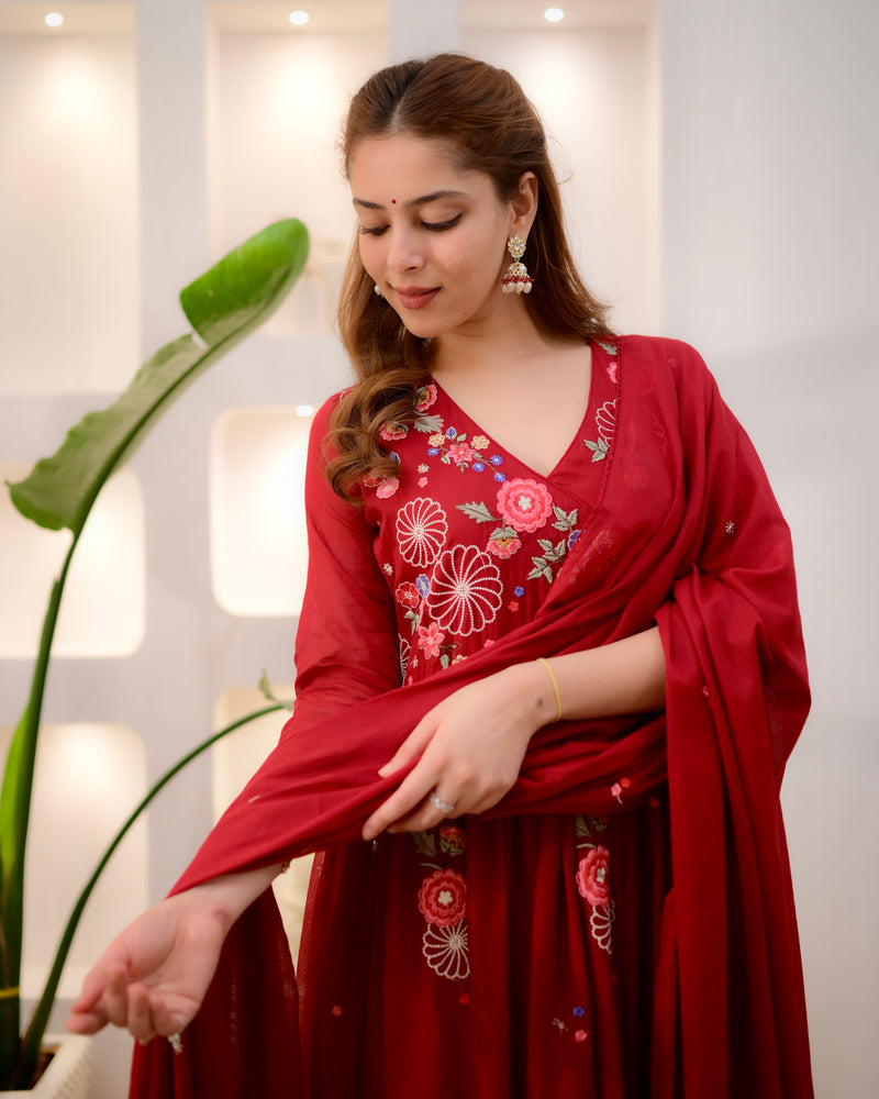 Women's Red Floral Embroidered Anarkali Kurta Set with Pant & Dupatta