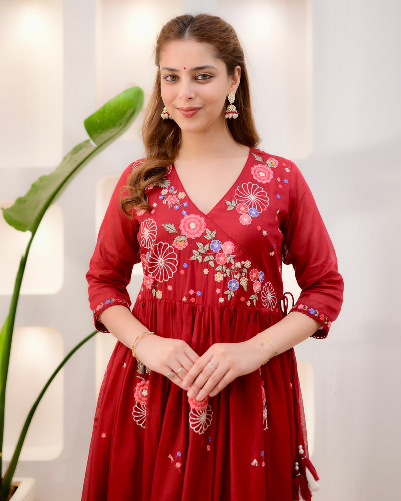 Women's Red Floral Embroidered Anarkali Kurta Set with Pant & Dupatta