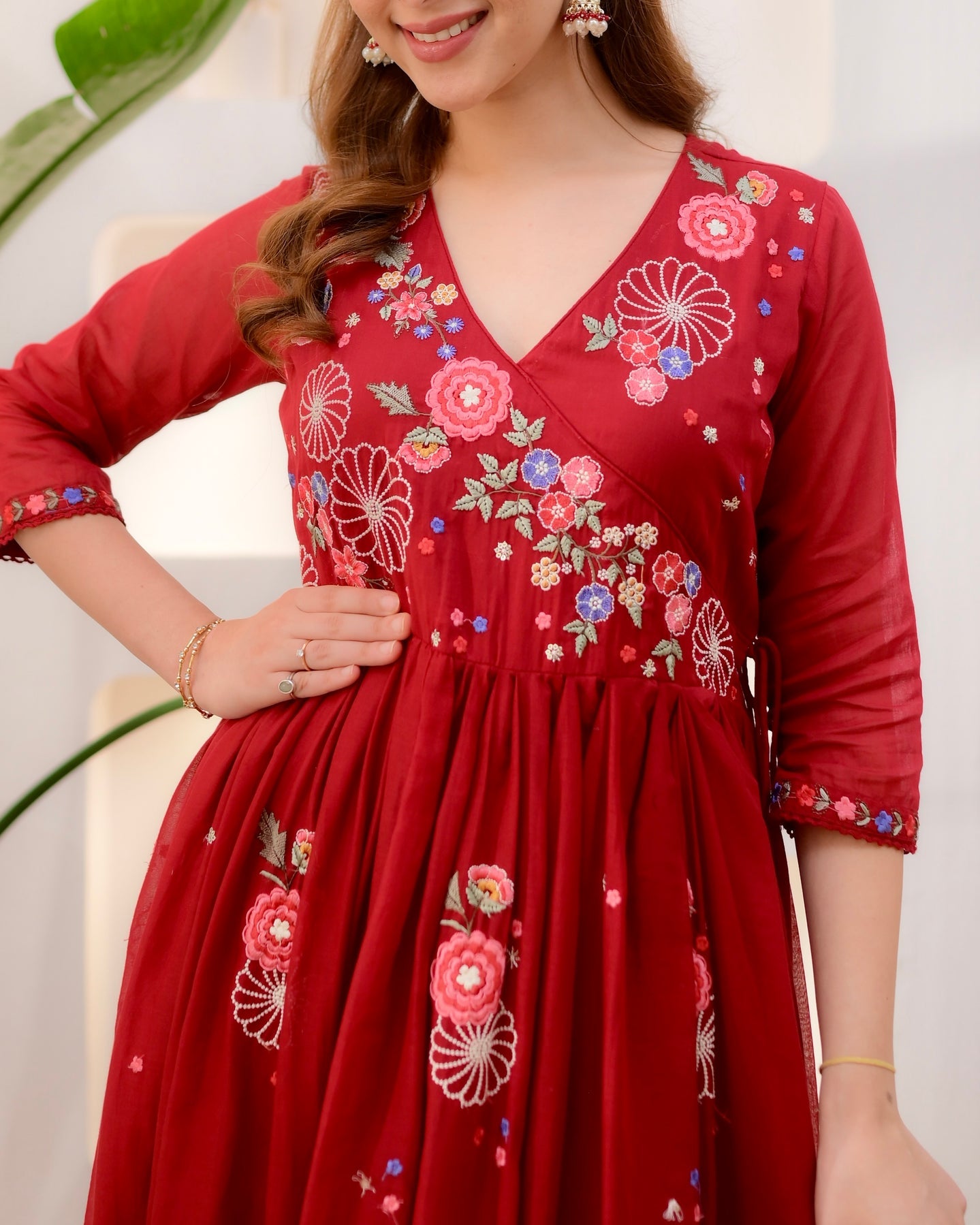 Women's Red Floral Embroidered Anarkali Kurta Set with Pant & Dupatta