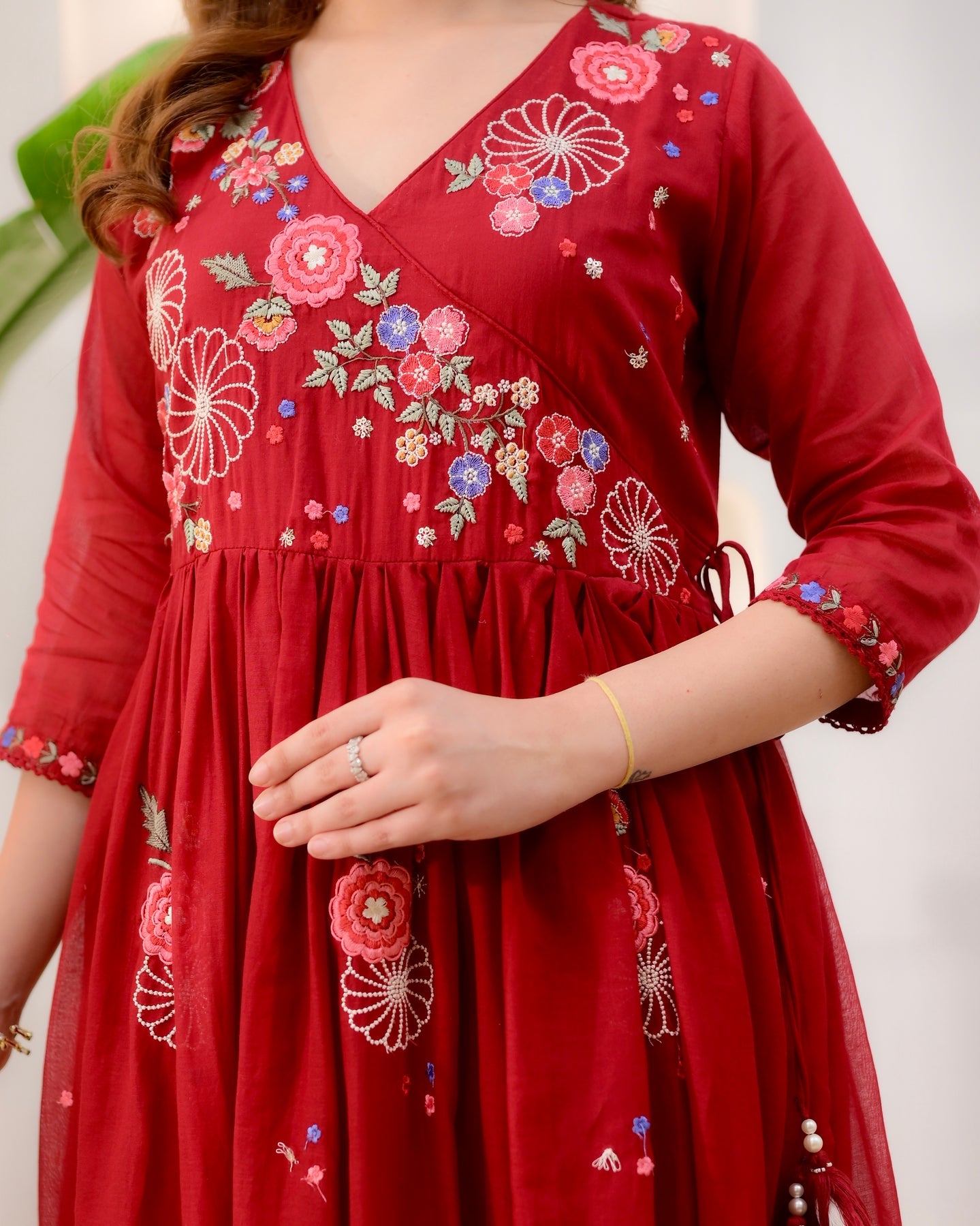 Women's Red Floral Embroidered Anarkali Kurta Set with Pant & Dupatta