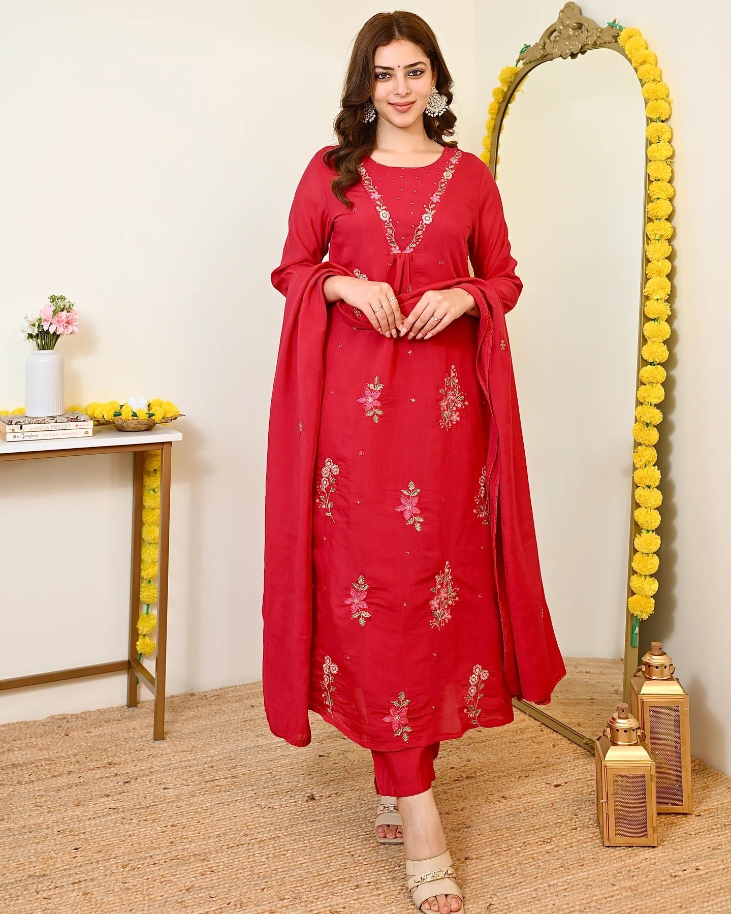 Women's Red Floral Embroidered Straight Kurta Pant Set with Dupatta