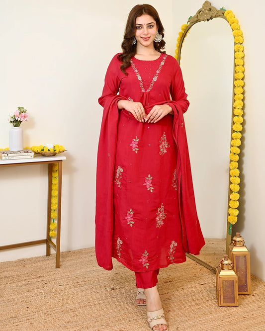 Women's Red Floral Embroidered Straight Kurta Pant Set with Dupatta