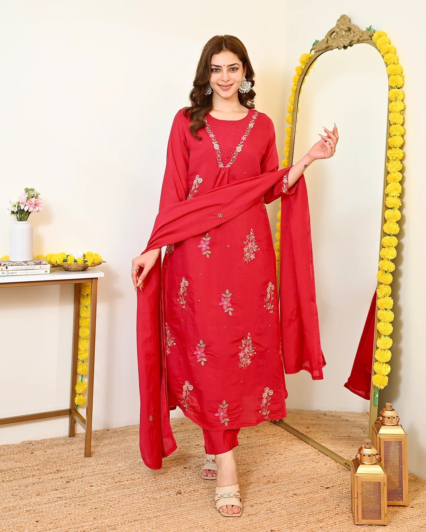 Women's Red Floral Embroidered Straight Kurta Pant Set with Dupatta