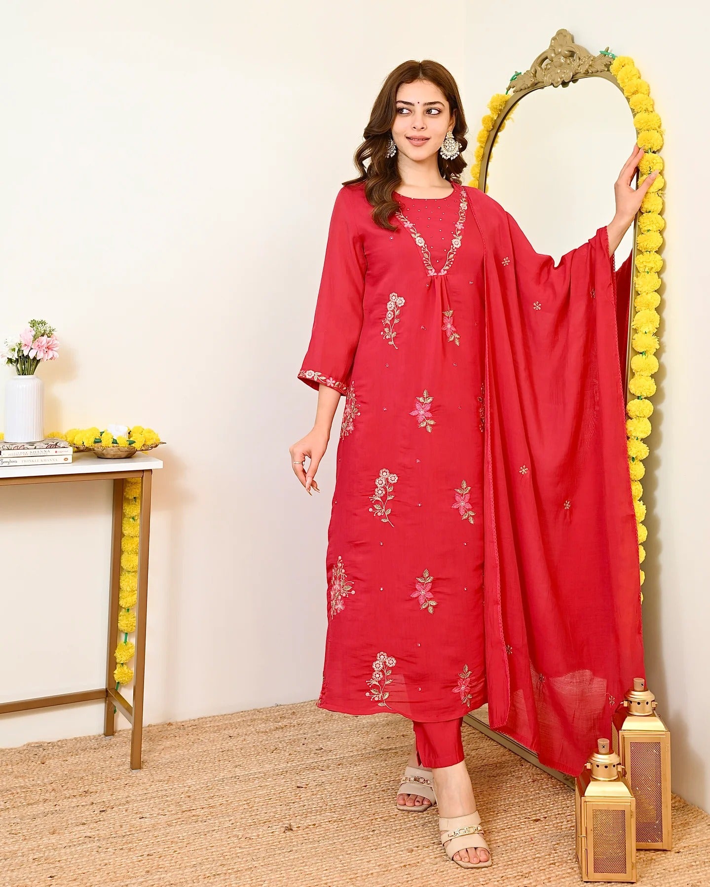 Women's Red Floral Embroidered Straight Kurta Pant Set with Dupatta