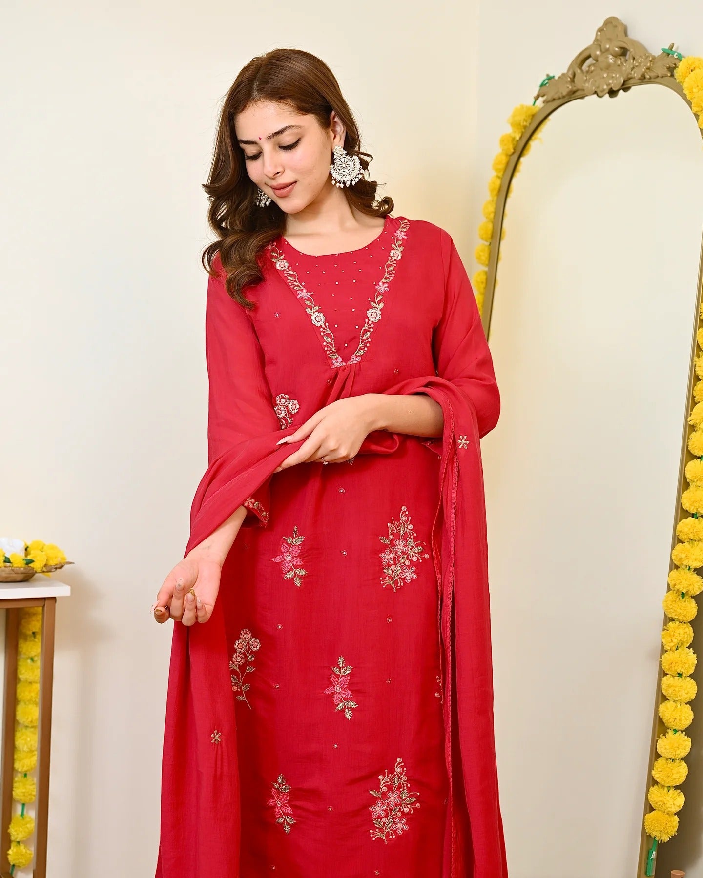 Women's Red Floral Embroidered Straight Kurta Pant Set with Dupatta