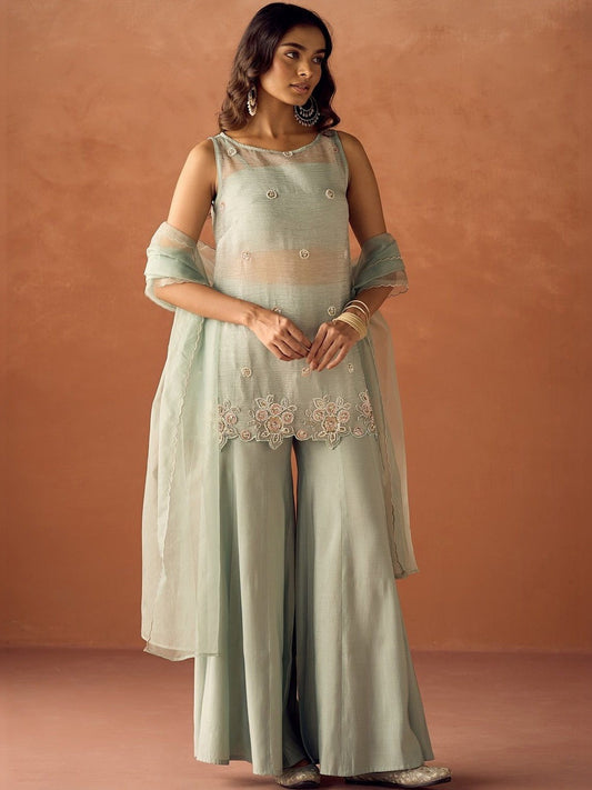 Women's Mint Green Embroidered Kurta Palazzo & Dupatta Set