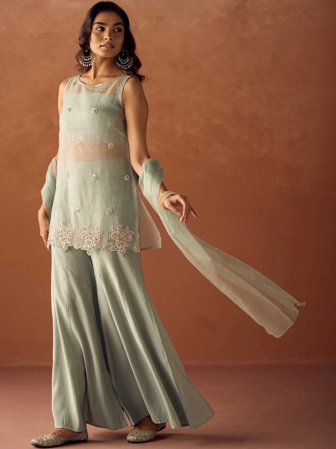 Women's Mint Green Embroidered Kurta Palazzo & Dupatta Set