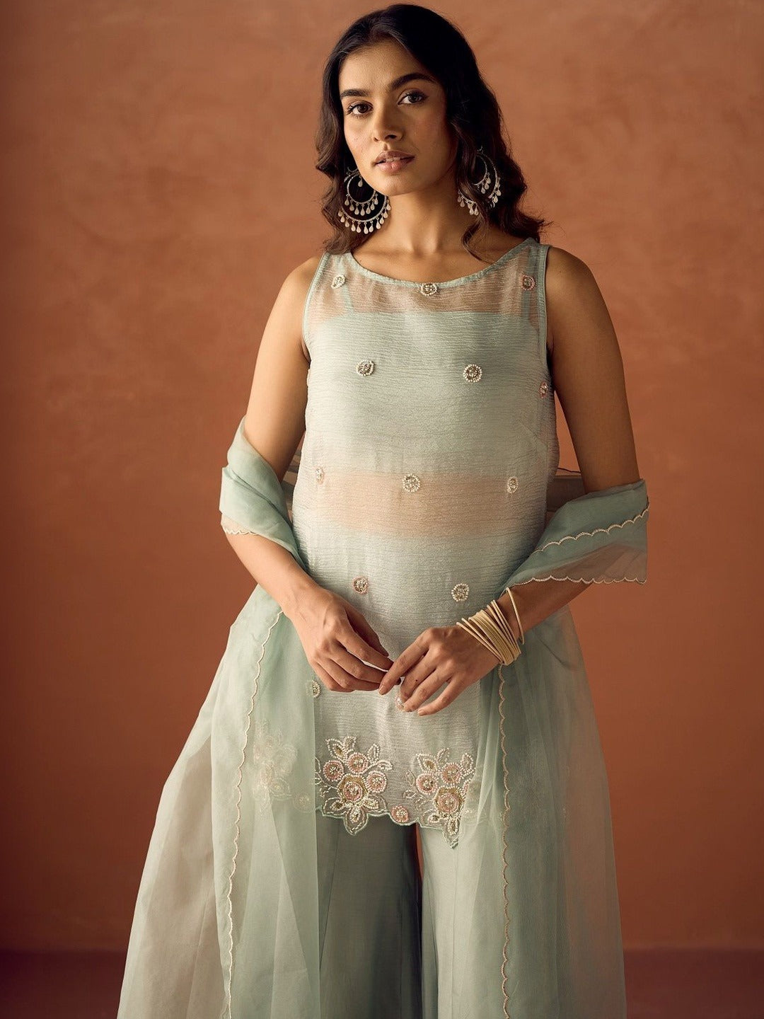 Women's Mint Green Embroidered Kurta Palazzo & Dupatta Set