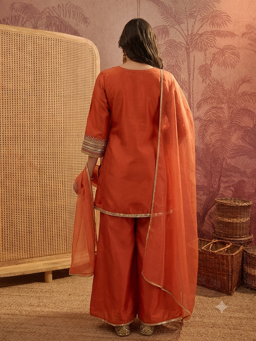 Women's Rust Embroidered Kurta Palazzo Set with Dupatta