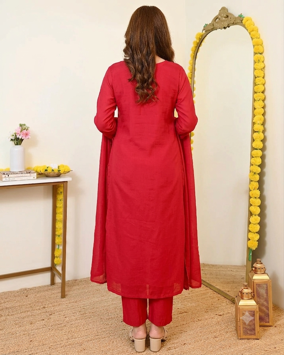 Women's Red Floral Embroidered Straight Kurta Pant Set with Dupatta