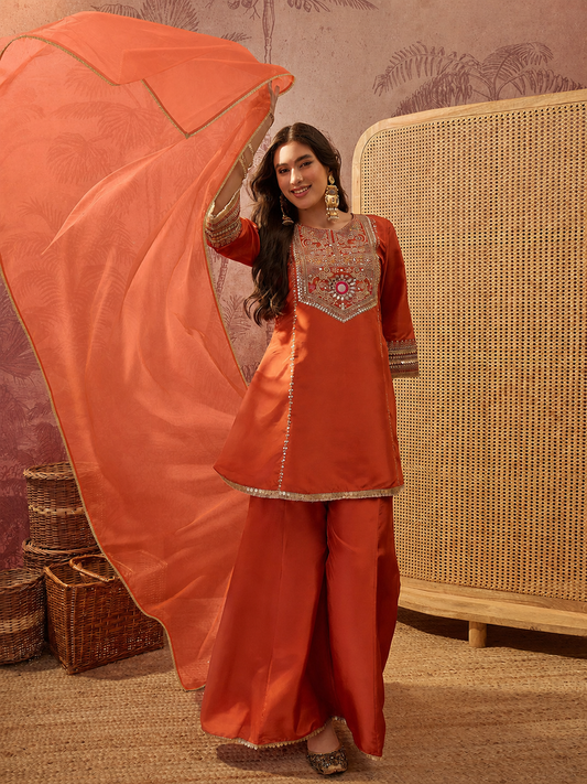 Women's Rust Embroidered Kurta Palazzo Set with Dupatta