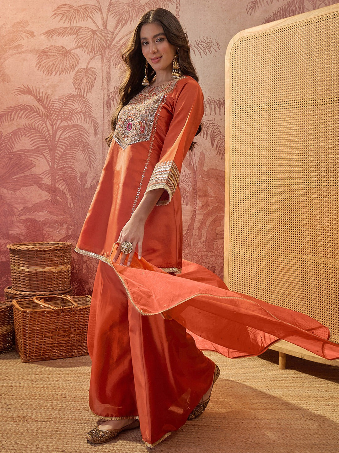 Women's Rust Embroidered Kurta Palazzo Set with Dupatta