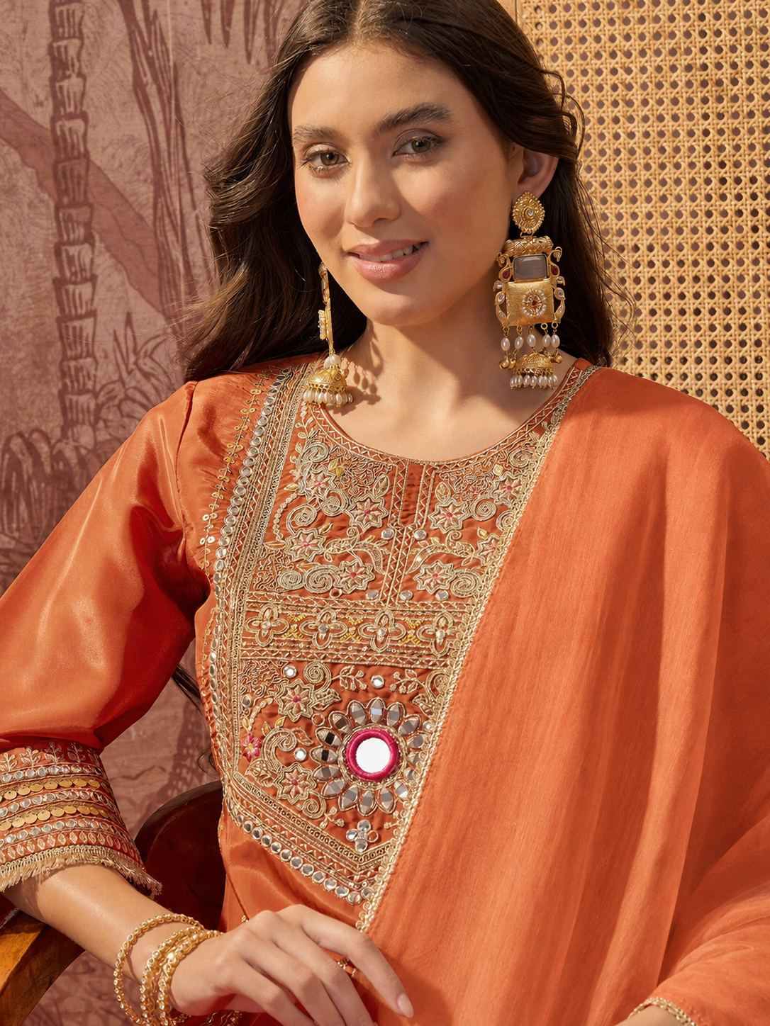 Women's Rust Embroidered Kurta Palazzo Set with Dupatta